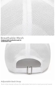 Detail of white mesh baseball cap with silver metal buckle and adjustable strap