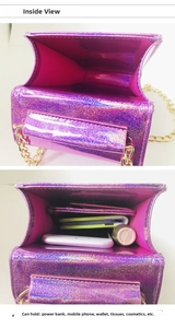Internal view of purple glitter handbag showing storage capacity for essentials