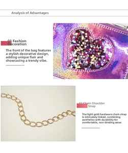 Close-up of holographic heart charm with sequins and premium gold metal chain strap