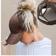 Cross-criss ponytail baseball cap in brown glitter finish with mesh back design