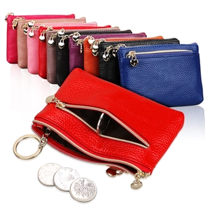 Genuine Leather Coin Purse Small Cowhide Wallet With Heart Zipper Pull Key Ring Mini Card Holder Litchi Pattern Pouch
