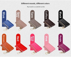 Litchi pattern leather coin purse and car key case shown in ten different vibrant colors