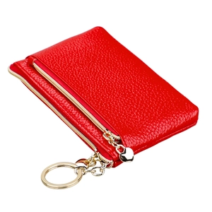 Red genuine leather coin purse with litchi texture and gold heart keychain pendant