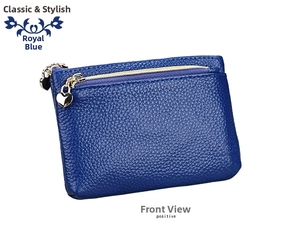 Detail of royal blue pebble leather coin purse with double golden heart zippers