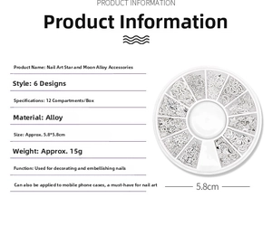 12-grid wheel box featuring silver alloy star and moon nail art charms for DIY decoration