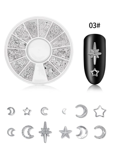 Silver metal moon and star nail art studs kit in a 12-grid organizer with 03# label