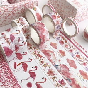 Set of 8 pink washi tapes with flamingo and cherry blossom patterns for DIY journals