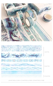 Macro detail of blue ocean theme washi tape set showing various patterns and sizes