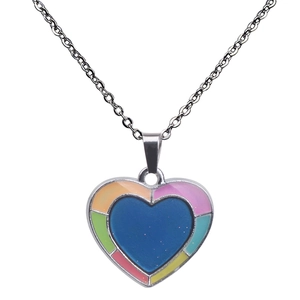 Close-up of heart-shaped mood pendant with rainbow enamel border on a silver chain