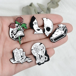 5-pack Gothic enamel pins featuring skulls, coffins, and tombstones in retro punk style