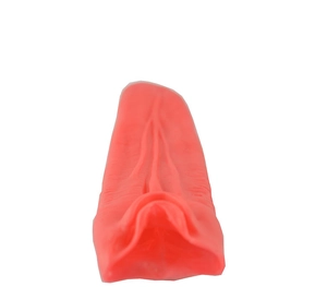 Detailed close-up of a realistic long red silicone tongue prop for Halloween costumes