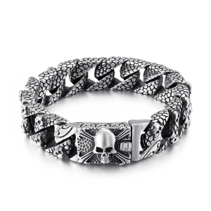 Men Vintage Skull Bracelet Punk Gothic 316L Stainless Steel Biker Jewelry With Dragon Scale Texture Mechanical Clasp