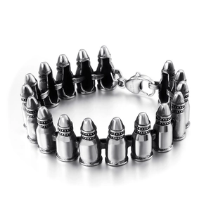 Mens punk rock bullet link bracelet in vintage silver finish 316L stainless steel