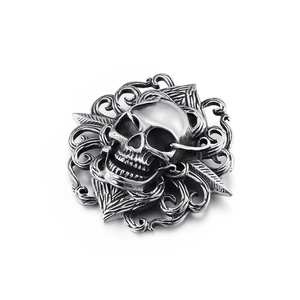 Gothic silver stainless steel skull pendant with vintage floral leaf patterns on white