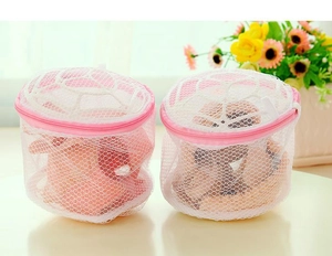 Detail of mesh laundry bags for bras featuring reinforced frames and protective zippers