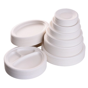 Eco-friendly sugarcane pulp disposable plates set with round and divided tray designs