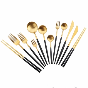 12-piece black and gold 304 stainless steel cutlery set with knives, forks and spoons