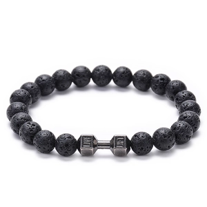 Natural Stone Beaded Bracelet With Metal Dumbbell Charm Motivational Fitness Gym Jewelry For Men And Women