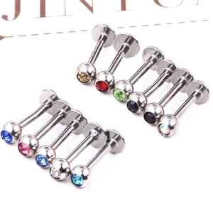 316L stainless steel labret studs with colorful rhinestones for cartilage and lip piercings