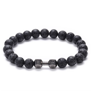 Detail of volcanic stone beads with a metal dumbbell charm engraved with LIVE and LIFT