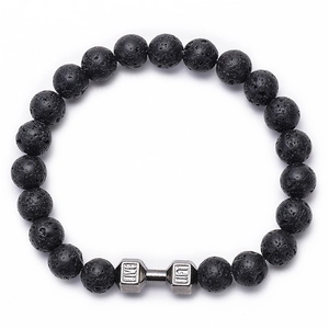 Macro shot of lava stone beads with a silver dumbbell charm engraved with 'LIVE LIFT' text