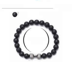 Lava stone dumbbell bracelet detail with 8mm beads and 20mm Live Lift engraved charm