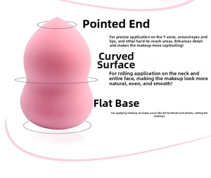 Detailed diagram of pink makeup sponge showing T-zone tip and full-face curved surface