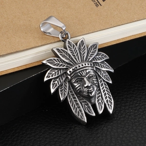 Vintage stainless steel Indian chief pendant necklace with detailed feather headdress