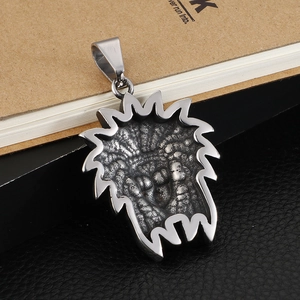 Vintage silver lion head pendant necklace in stainless steel with embossed textures