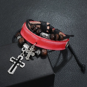 Multilayer leather beaded bracelet with silver metal crosses and red faux leather band