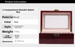 Detail view of 3-slot wooden watch storage box with glossy lacquer and metal clasp lock