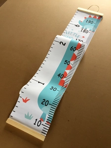 Detailed close-up of canvas height chart with cartoon dinosaur and wooden hanging rod