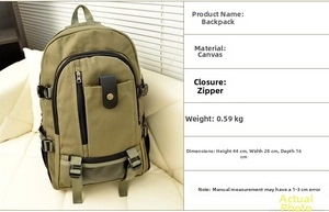 Detailed view of army green canvas backpack with dimensions and product specifications