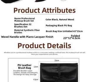 Detail of 32pcs professional makeup brush set with dimensions of the black PU leather case