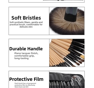 Detail of 24pcs makeup brush set with synthetic fiber bristles and black piano lacquer handles
