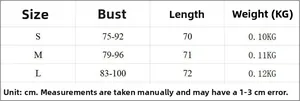 Size chart showing bust and length measurements in cm for sleeveless bodysuit top