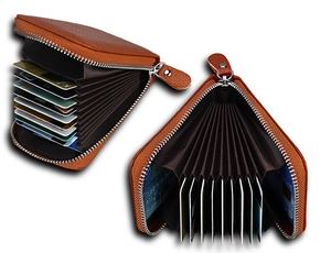 Internal accordion slots of the orange-brown leather zipper card wallet shown in detail
