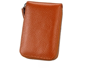 Rear view of brown litchi pattern leather zip card wallet with silver hardware