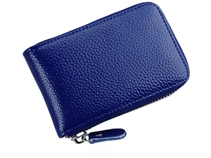 Side view of dark blue lychee pattern leather card holder with silver metal zipper