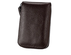 Close-up of back view of a dark brown pebbled leather wallet with a secure wrap zipper