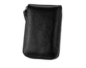Detail view of the black lychee pattern leather card holder back with zipper closure