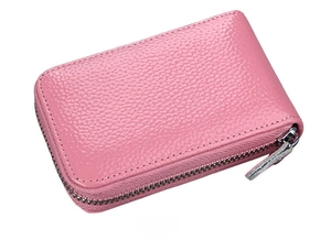 Side view of pink genuine leather card holder with lychee grain and silver zipper