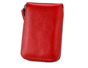 Back view of red pebble leather zipper wallet showing high-quality texture and metal zipper