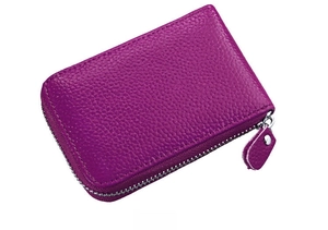 Side view of purple genuine leather card holder with zipper and lychee texture