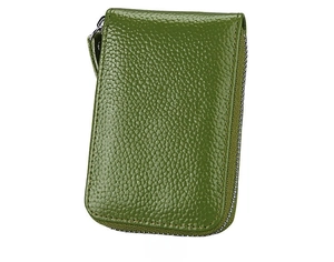 Close-up back view of a genuine leather zipper wallet with a green litchi grain texture