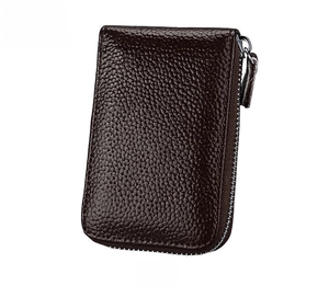Detail of coffee brown card holder showing premium litchi grain leather and zipper