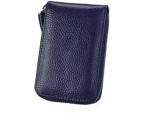 Back view of dark blue litchi grain leather card holder with silver zipper closure