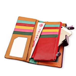 Detail view of multicolored genuine leather wallet with RFID blocking and card slots