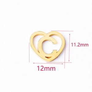 Golden heart-shaped stainless steel pendant with letter C and size 11.2mm by 12mm