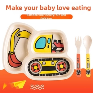 Detailed view of bamboo fiber kids dinnerware set with excavator shape and orange fork